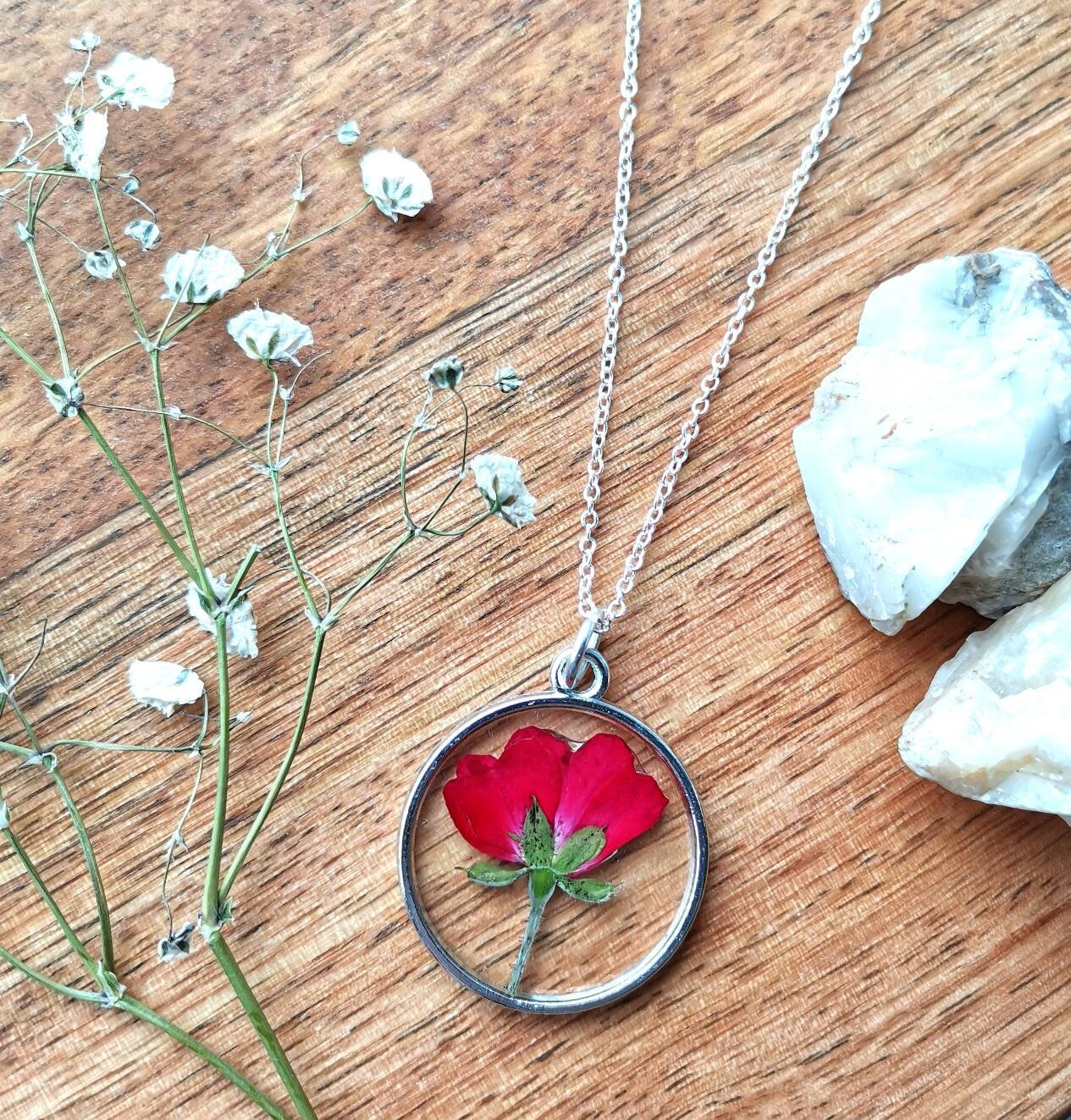 Personalised Valentines day Real pressed rose botanical terrarium flower pendant necklace, Gold or Silver,  June birth flower