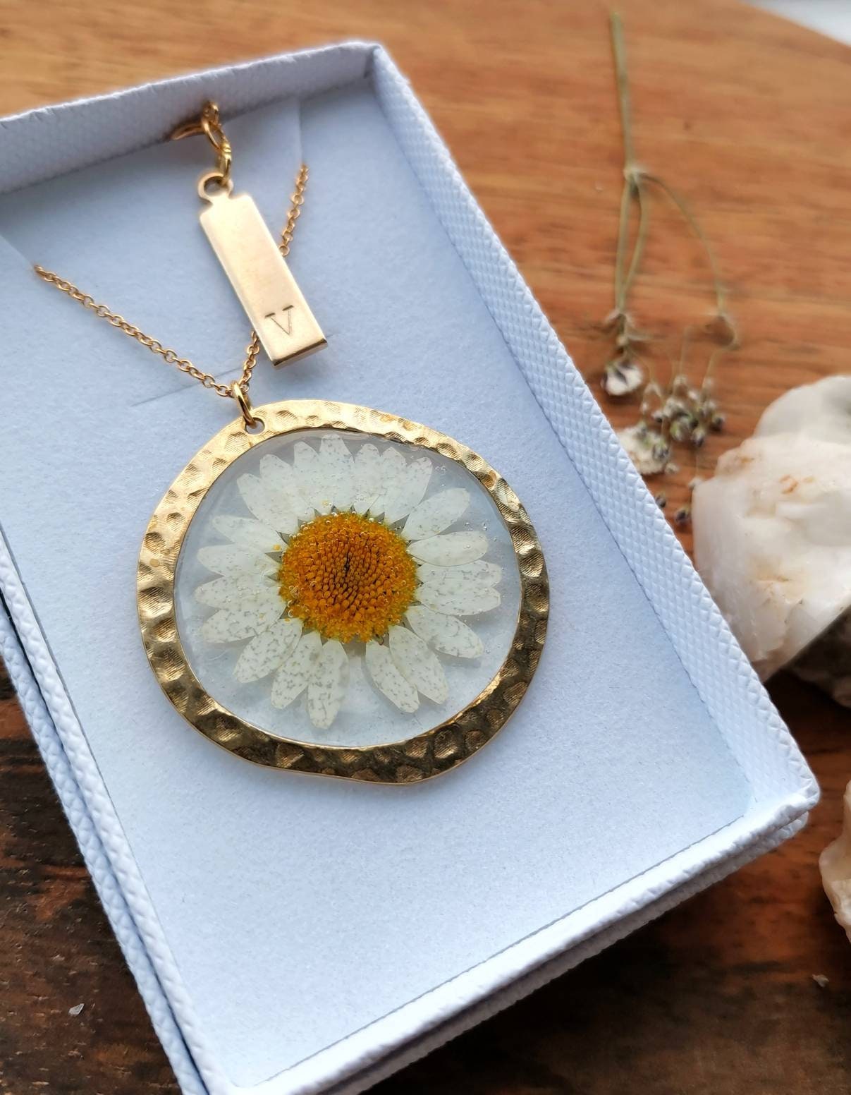 Personalised Real Yorkshire flower daisy necklace on gold plated or 14k gold filled chain. For memories, birthday, beaten brass circle