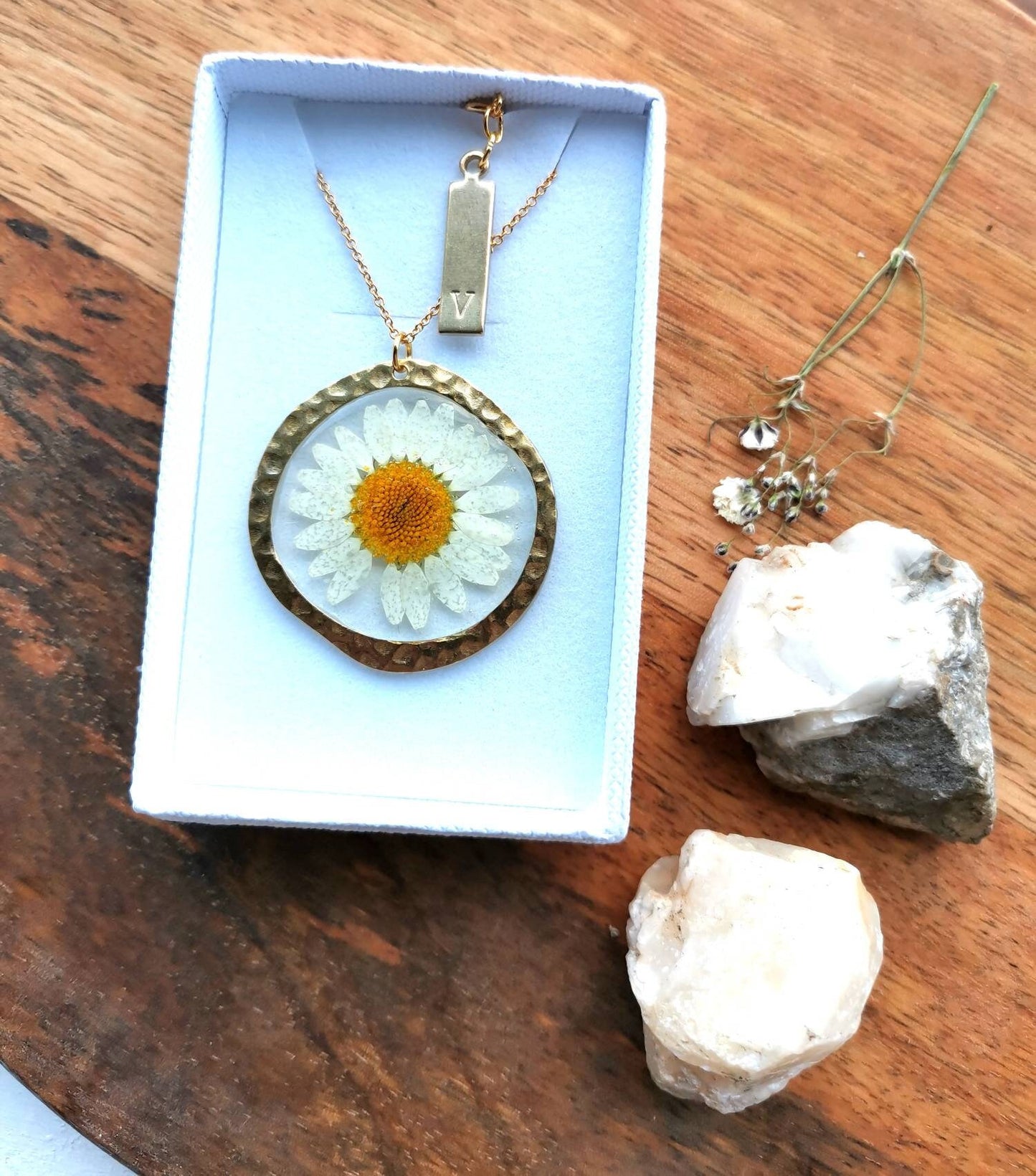 Personalised Real Yorkshire flower daisy necklace on gold plated or 14k gold filled chain. For memories, birthday, beaten brass circle