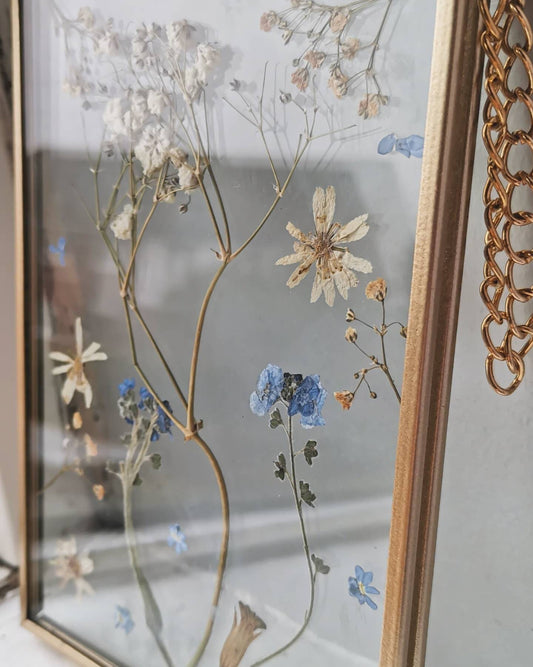 Real pressed dried flower botanical glass hanging wall frame, rustic cottage wall decor, farmhouse decor, herbarium wall art, mothers day