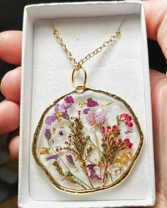 Yorkshire Heather flower botanical terrarium pendant necklace on a 20in gold plated or 14k gold filled chain. Organic, large circle.