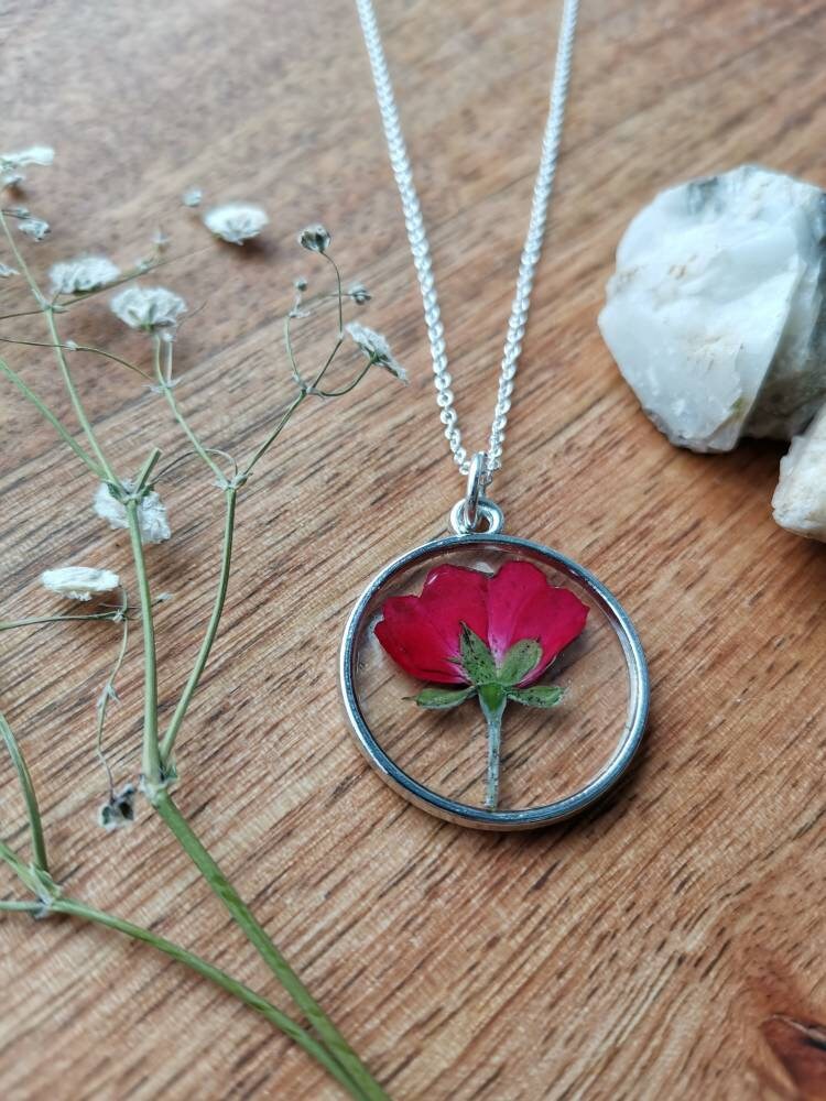 Personalised Valentines day Real pressed rose botanical terrarium flower pendant necklace, Gold or Silver,  June birth flower