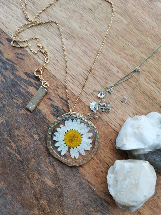 Personalised Real Yorkshire flower daisy necklace on gold plated or 14k gold filled chain. For memories, birthday, beaten brass circle