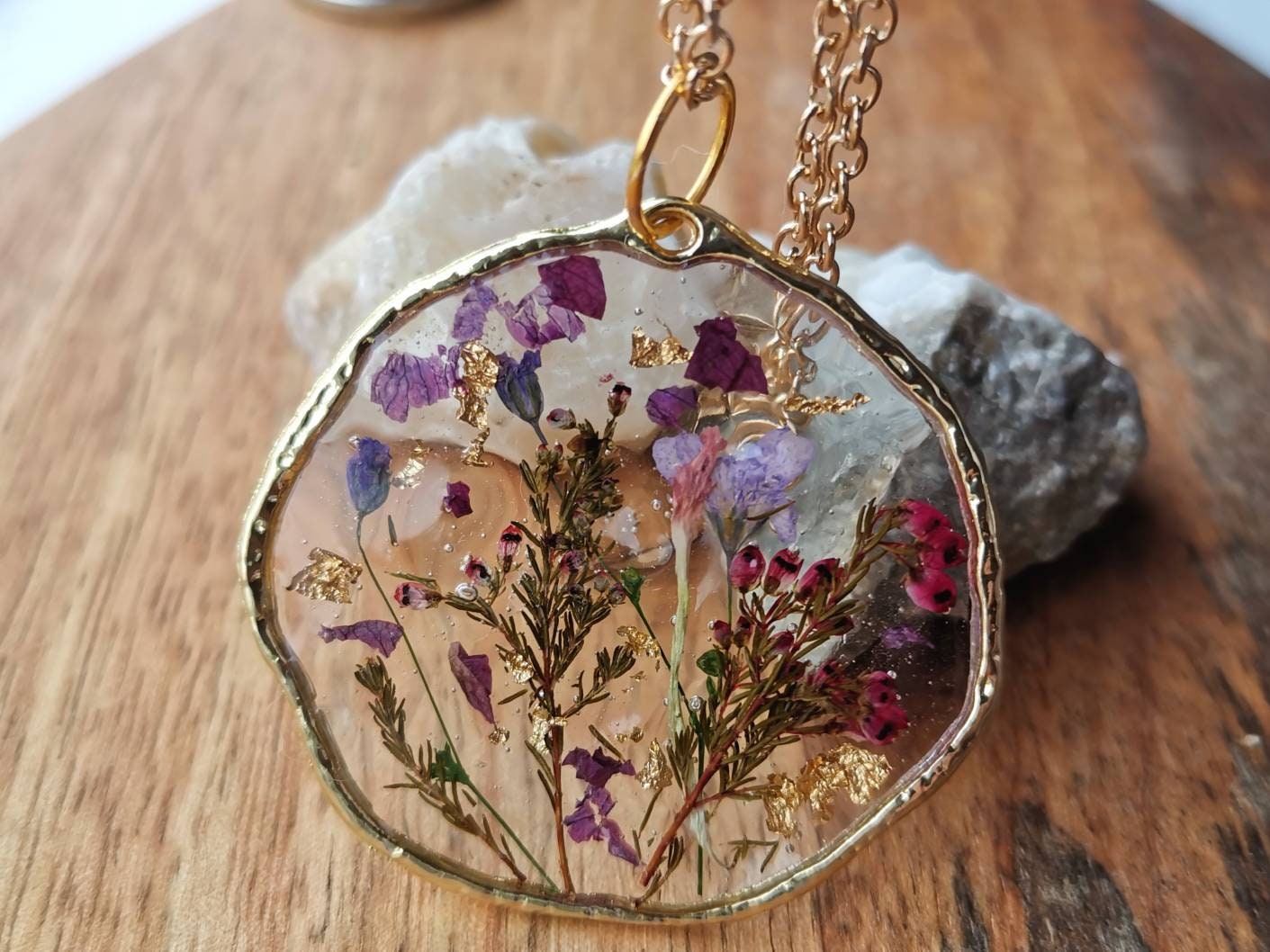 Yorkshire Heather flower botanical terrarium pendant necklace on a 20in gold plated or 14k gold filled chain. Organic, large circle.