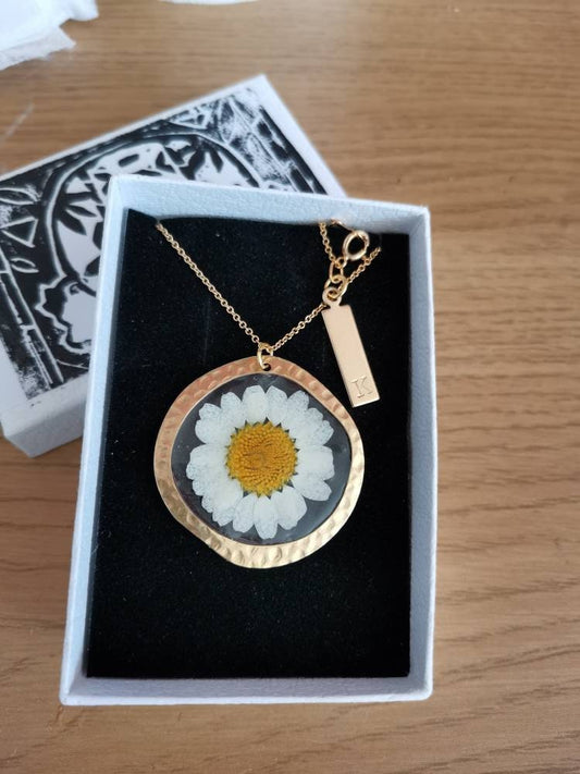 Personalised Real Yorkshire flower daisy necklace on gold plated or 14k gold filled chain. For memories, birthday, beaten brass circle