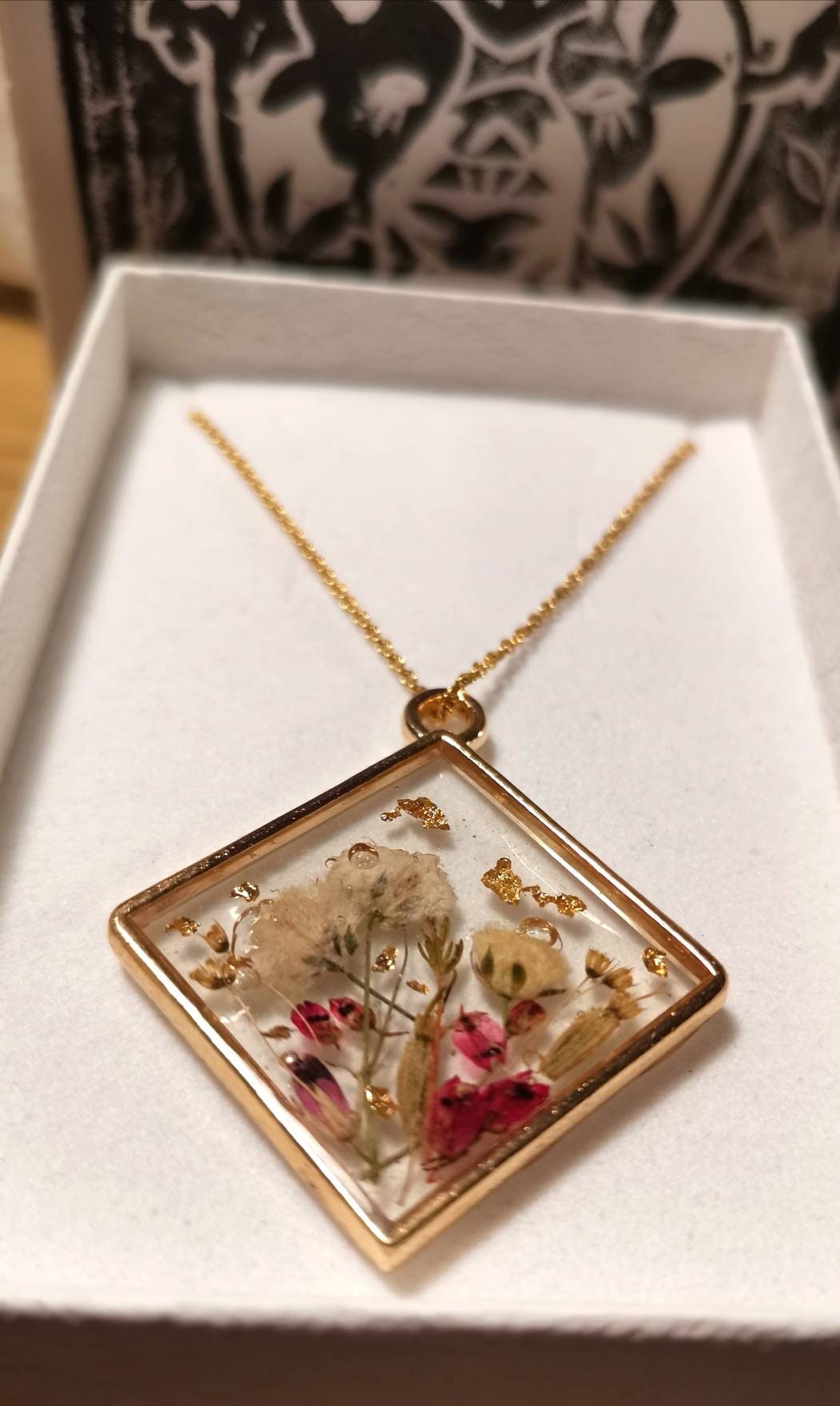 Real gypsophila & Heather real flower botanical terrarium pendant necklace on gold plated or 14k gold filled chain , personalised.