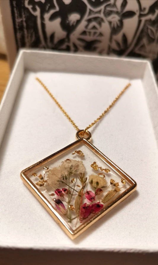 Real gypsophila & Heather real flower botanical terrarium pendant necklace on gold plated or 14k gold filled chain , personalised.