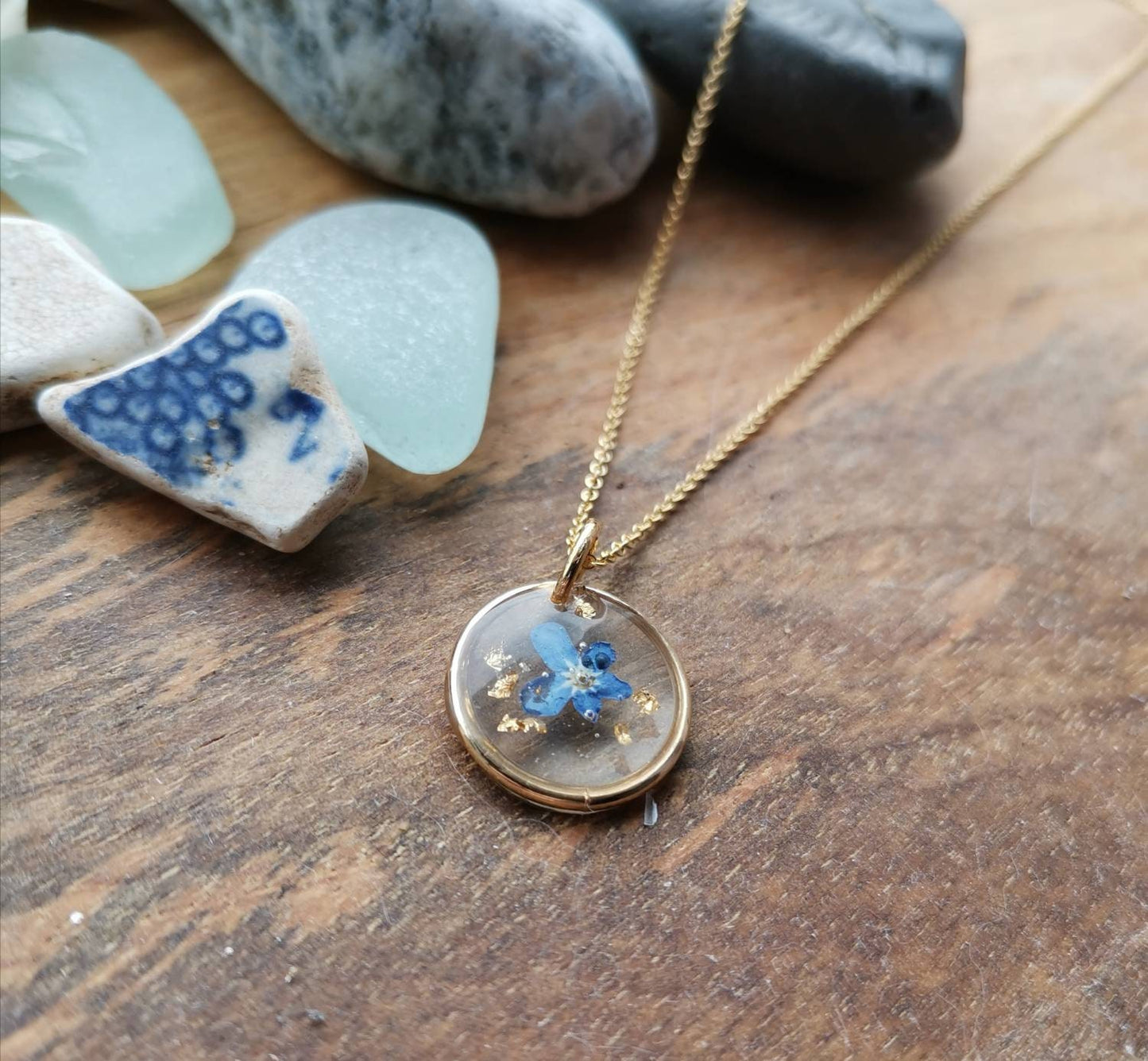Real forget me not and gold leaf flower minimalist circle 16mm gold plated pendant necklace on 14k gold fill chain, handmade