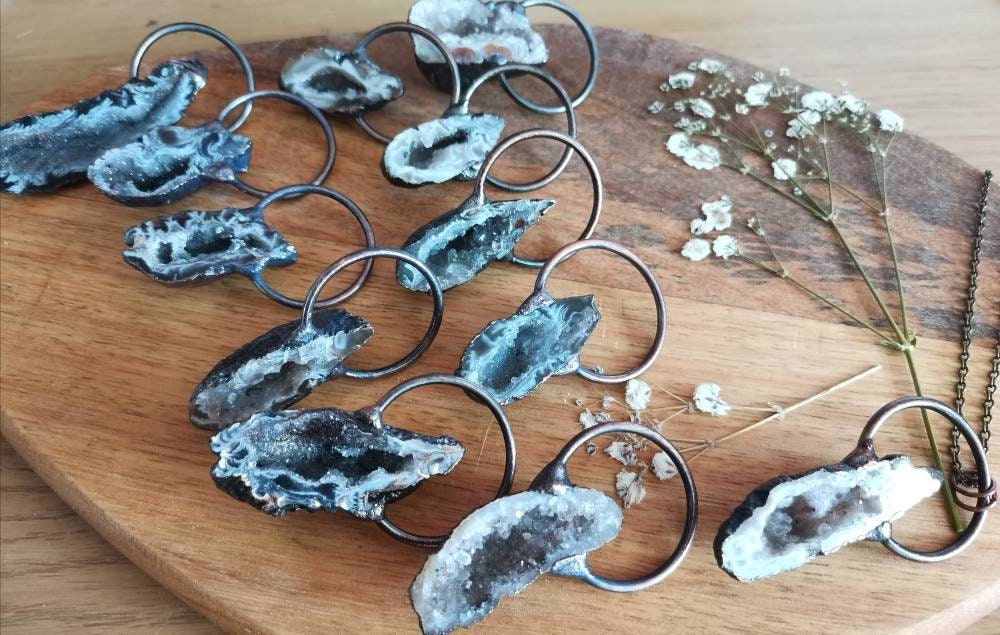 Natural Druzy agate Geode crystal necklace, real unique raw geode on a bronze brass chain. Crystal for decision making, balance Chi.