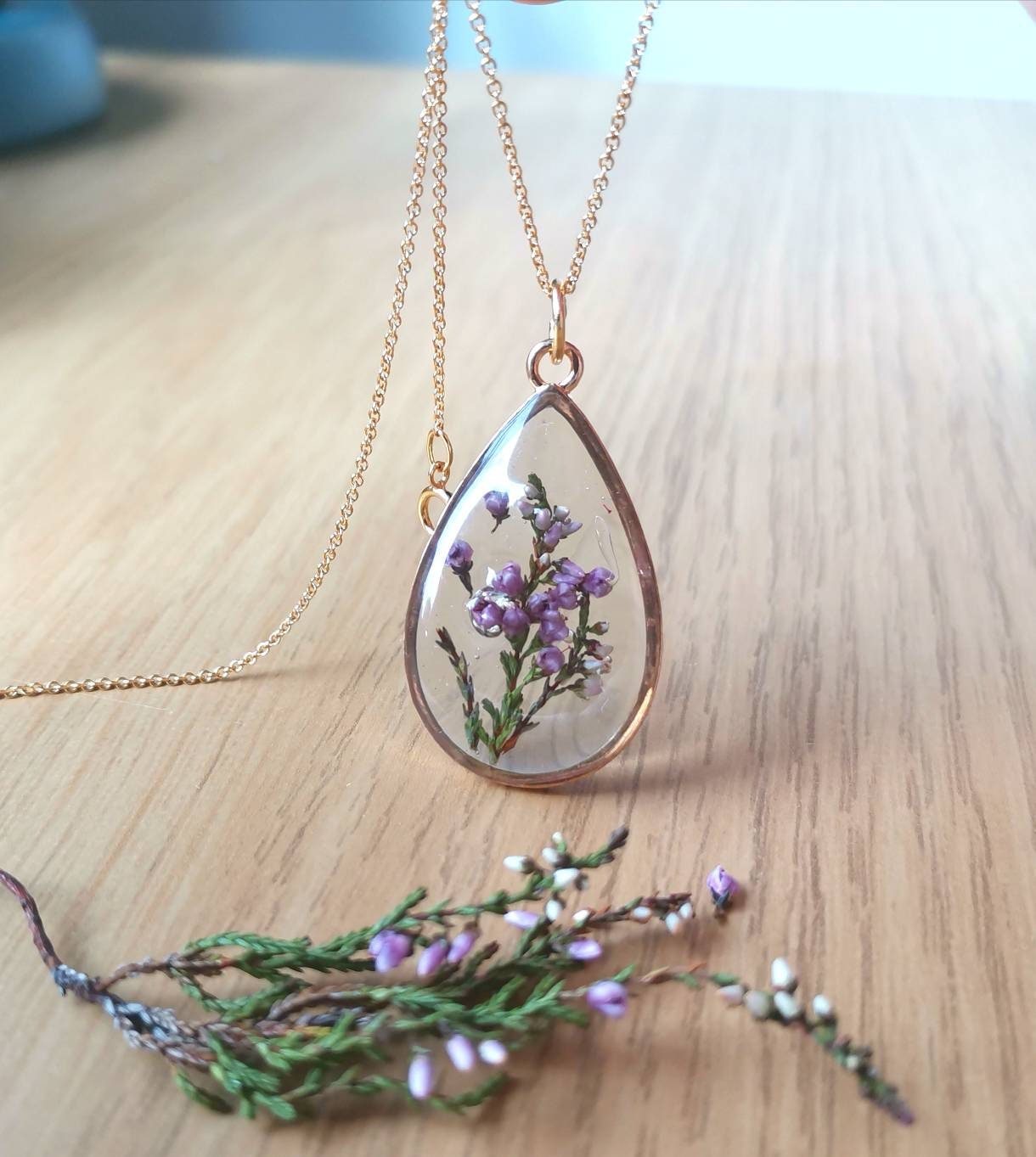 Personalised Yorkshire moors lilac Heather terrarium necklace on gold plated or 14k gold filled chain. Make a wish, mothers day