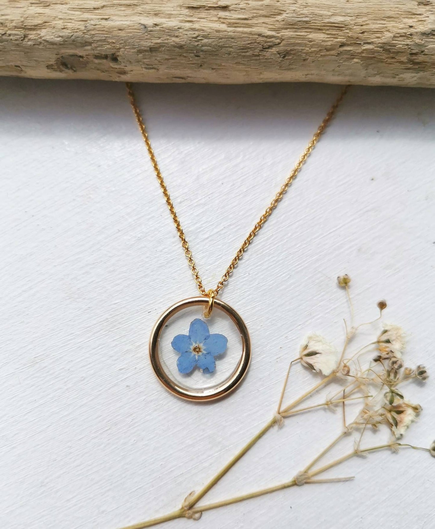Dainty Real forget me not  flower minimalist circle 16mm gold plated pendant necklace on 14k gold fill chain, handmade in Yorkshire.
