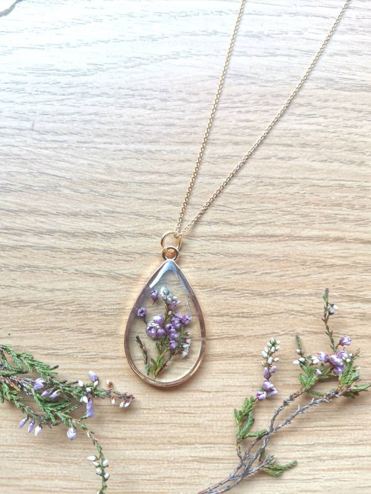 Personalised Yorkshire moors lilac Heather terrarium necklace on gold plated or 14k gold filled chain. Make a wish, mothers day