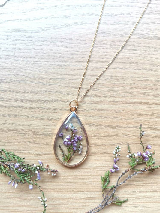 Personalised Yorkshire moors lilac Heather terrarium necklace on gold plated or 14k gold filled chain. Make a wish, mothers day