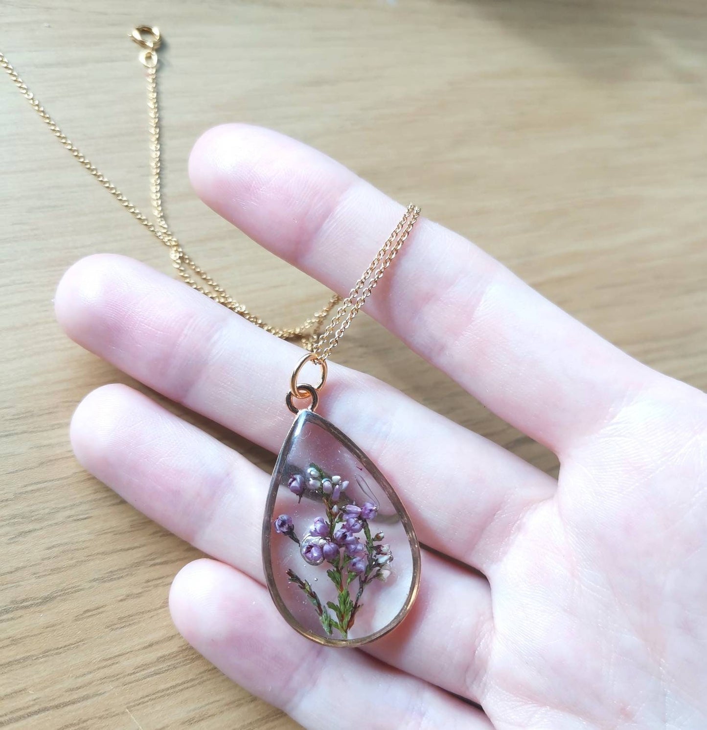 Personalised Yorkshire moors lilac Heather terrarium necklace on gold plated or 14k gold filled chain. Make a wish, mothers day