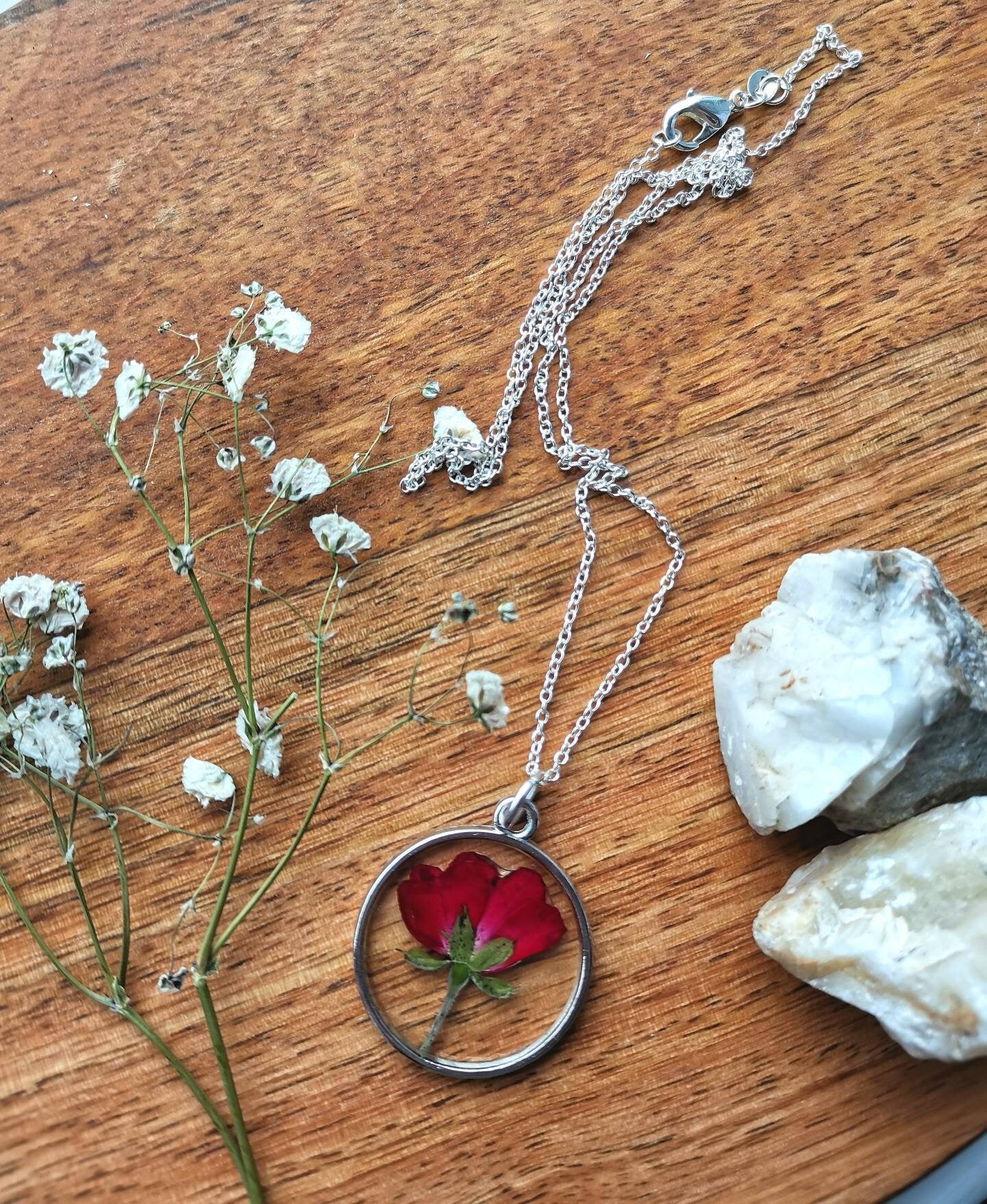 Personalised Valentines day Real pressed rose botanical terrarium flower pendant necklace, Gold or Silver,  June birth flower