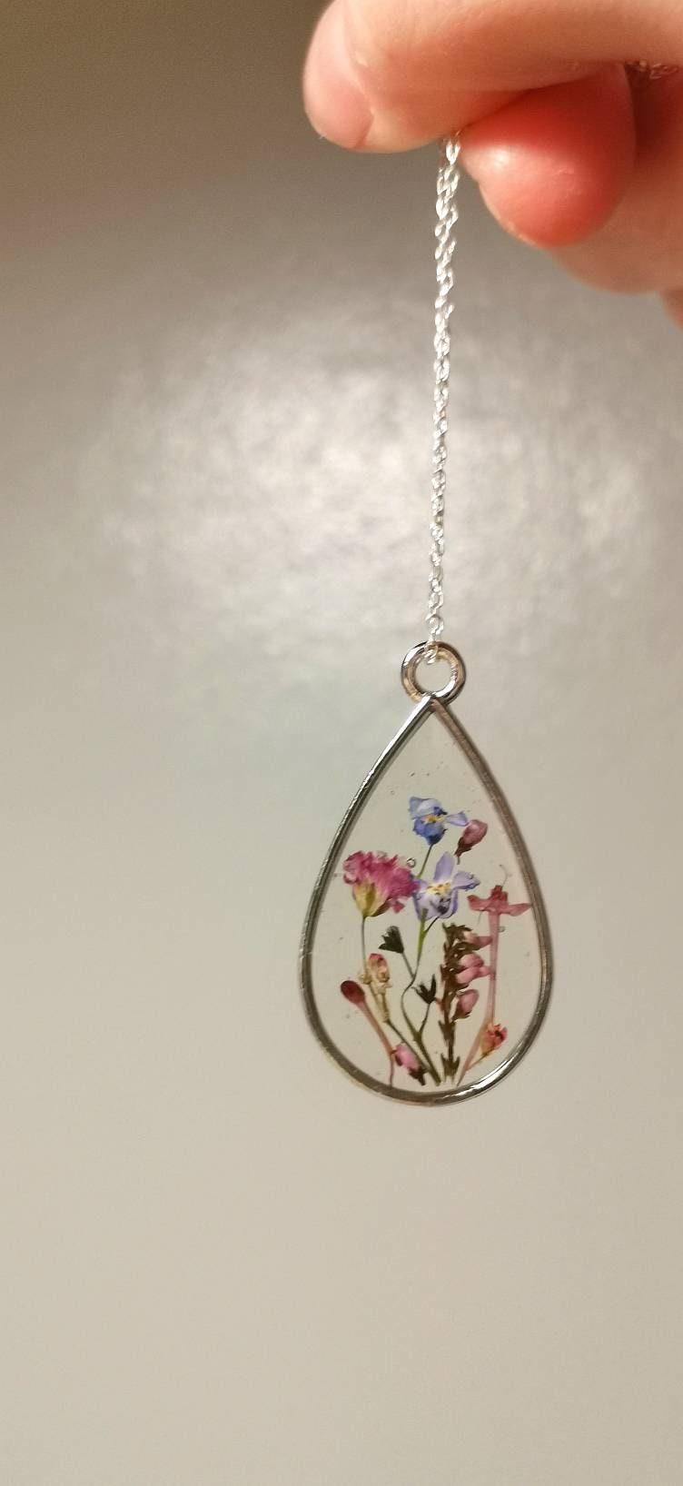 Personalised Yorkshire forget me nots, lilac Heather terrarium necklace on silver chain. Make a wish, memories necklace, valentines day