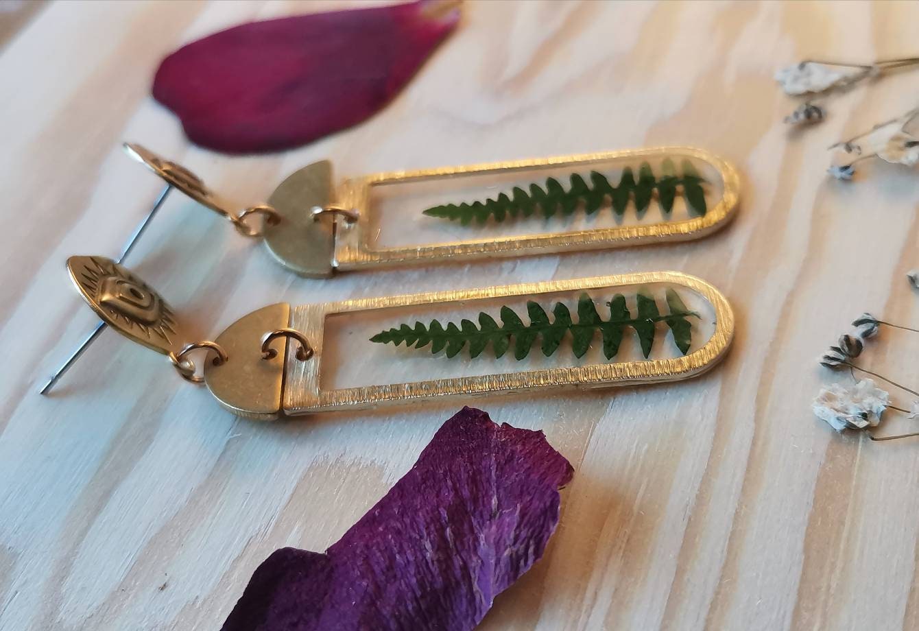 Real pressed fern leaf resin and evil eye earrings, eco friendly gift idea, plant lover, real pressed flowers, boho chic jewellery