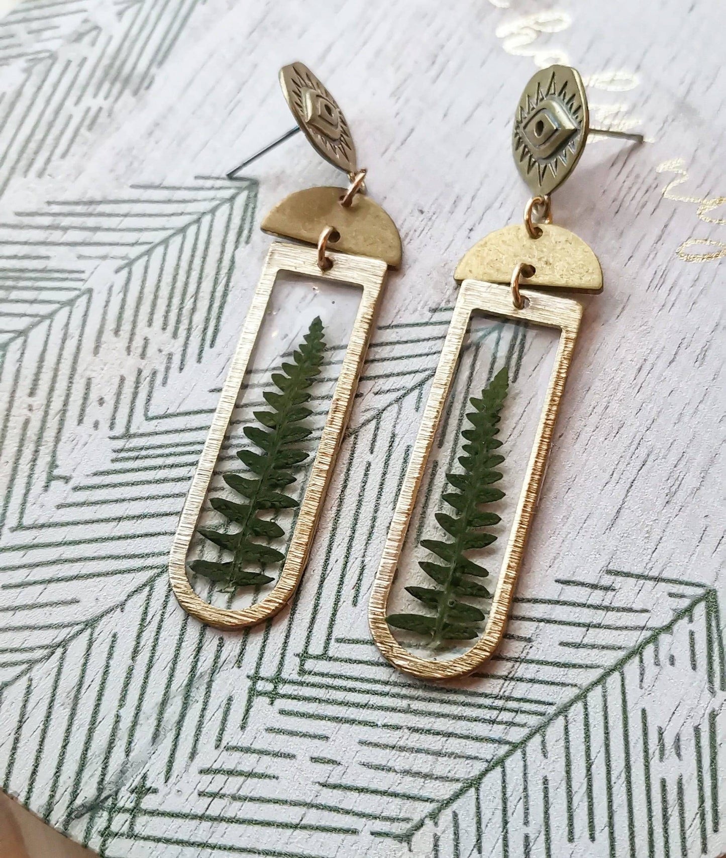Real pressed fern leaf resin and evil eye earrings, eco friendly gift idea, plant lover, real pressed flowers, boho chic jewellery