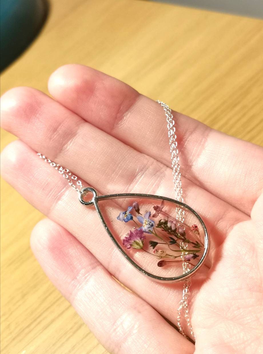 Personalised Yorkshire forget me nots, lilac Heather terrarium necklace on silver chain. Make a wish, memories necklace, valentines day