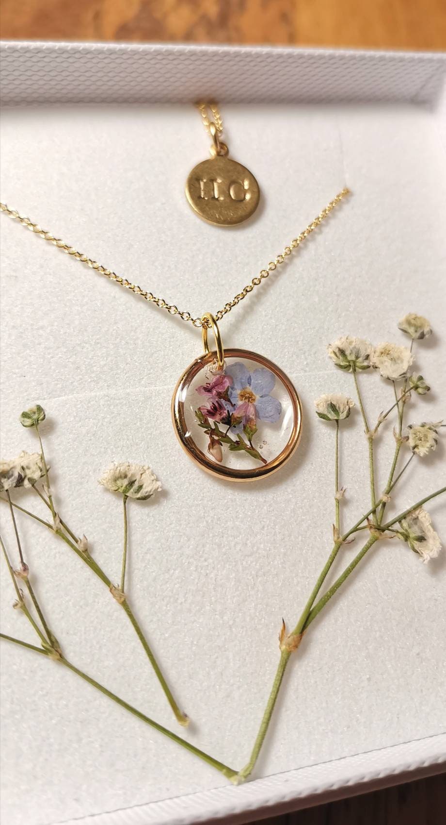 Personalised Forget me not, Heather real pressed flower dainty minimalist circle 16mm gold plated pendant necklace on 14k gold fill chain.