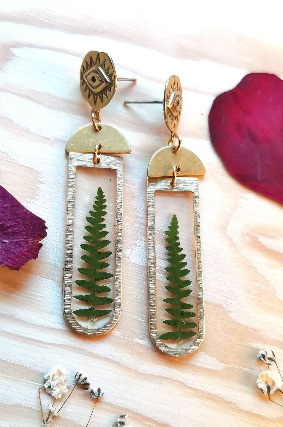 Real pressed fern leaf resin and evil eye earrings, eco friendly gift idea, plant lover, real pressed flowers, boho chic jewellery