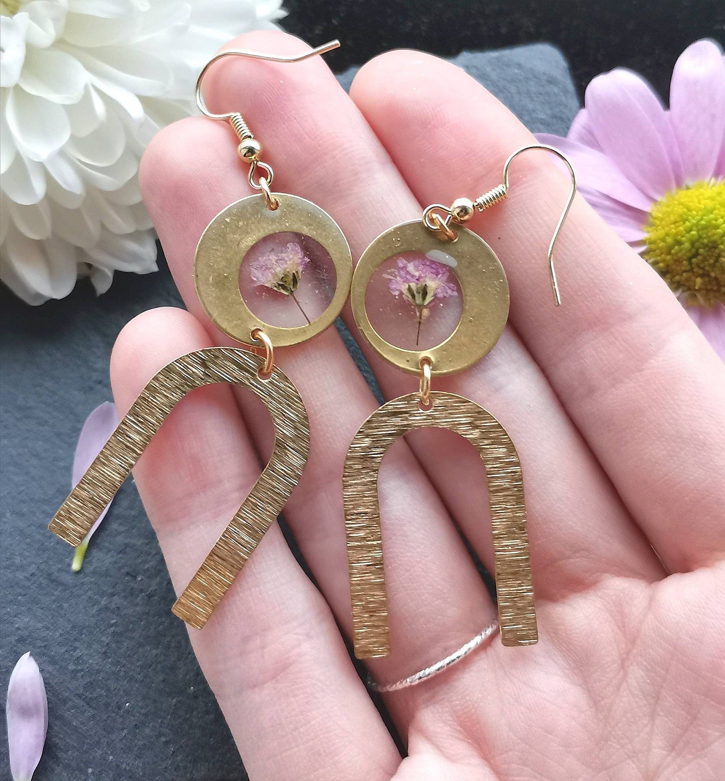 Real brass and real pressed pink gypsophila resin earrings, eco friendly gift idea, plant lover, real pressed flowers, boho, gypsy style