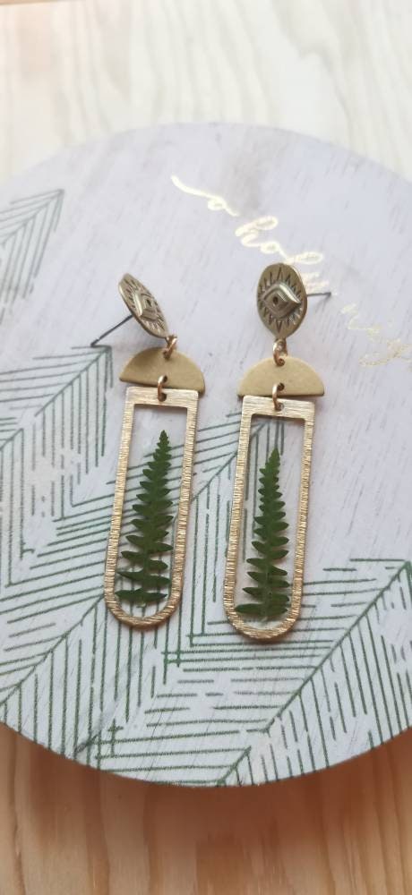 Real pressed fern leaf resin and evil eye earrings, eco friendly gift idea, plant lover, real pressed flowers, boho chic jewellery