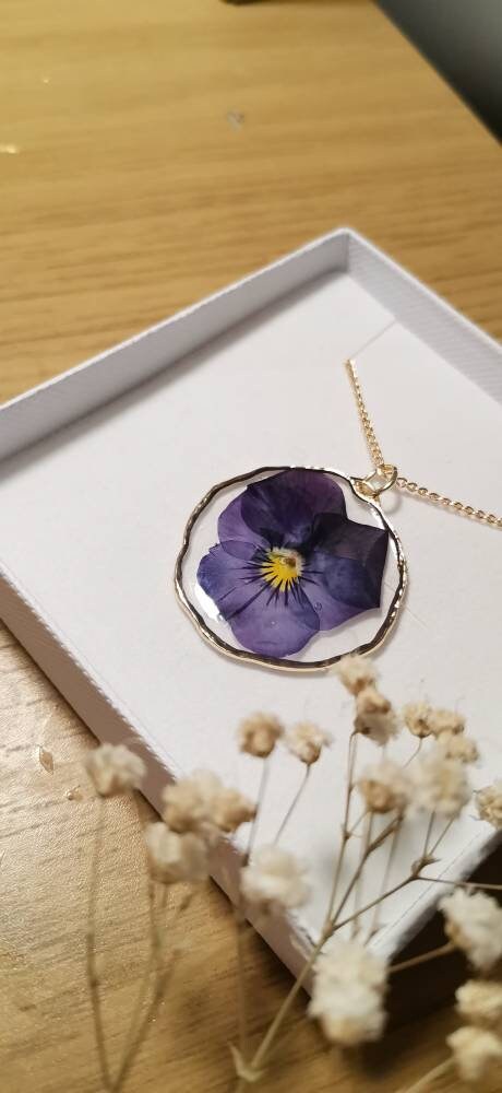 Real viola flower botanical terrarium pendant necklace on a 20in gold plated or 14k gold filled chain. Organic circle, large pansy