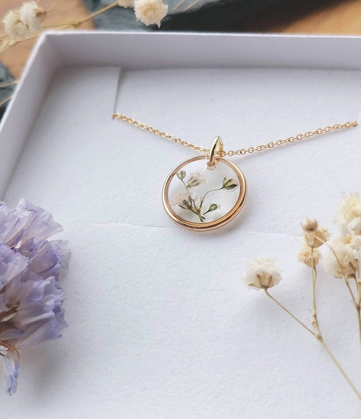 Real flower minimalist organic circle 1.6cm gold plated pendant necklace, gypsophila on 14k gold fill or gold plated chain handmade