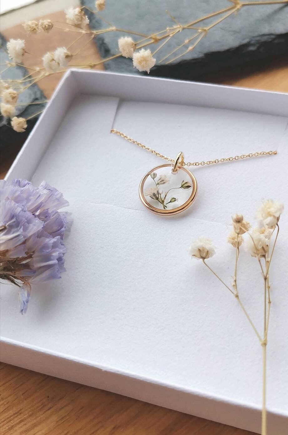 Real flower minimalist organic circle 1.6cm gold plated pendant necklace, gypsophila on 14k gold fill or gold plated chain handmade