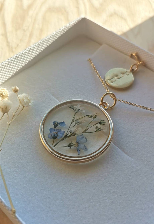 Personalized Forget me not flower and baby's breath pendant necklace on gold plated, 14k gold filled chain. For memories, valentines day