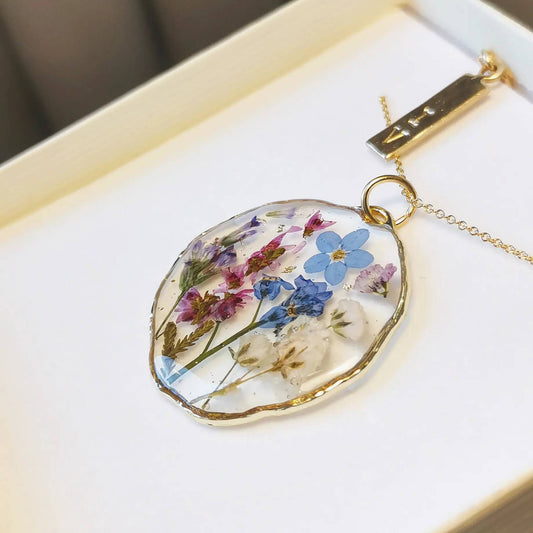 Yorkshire Heather and forget me not flower botanical  necklace on a 20in gold plated or 14k gold filled chain. Organic, large circle.