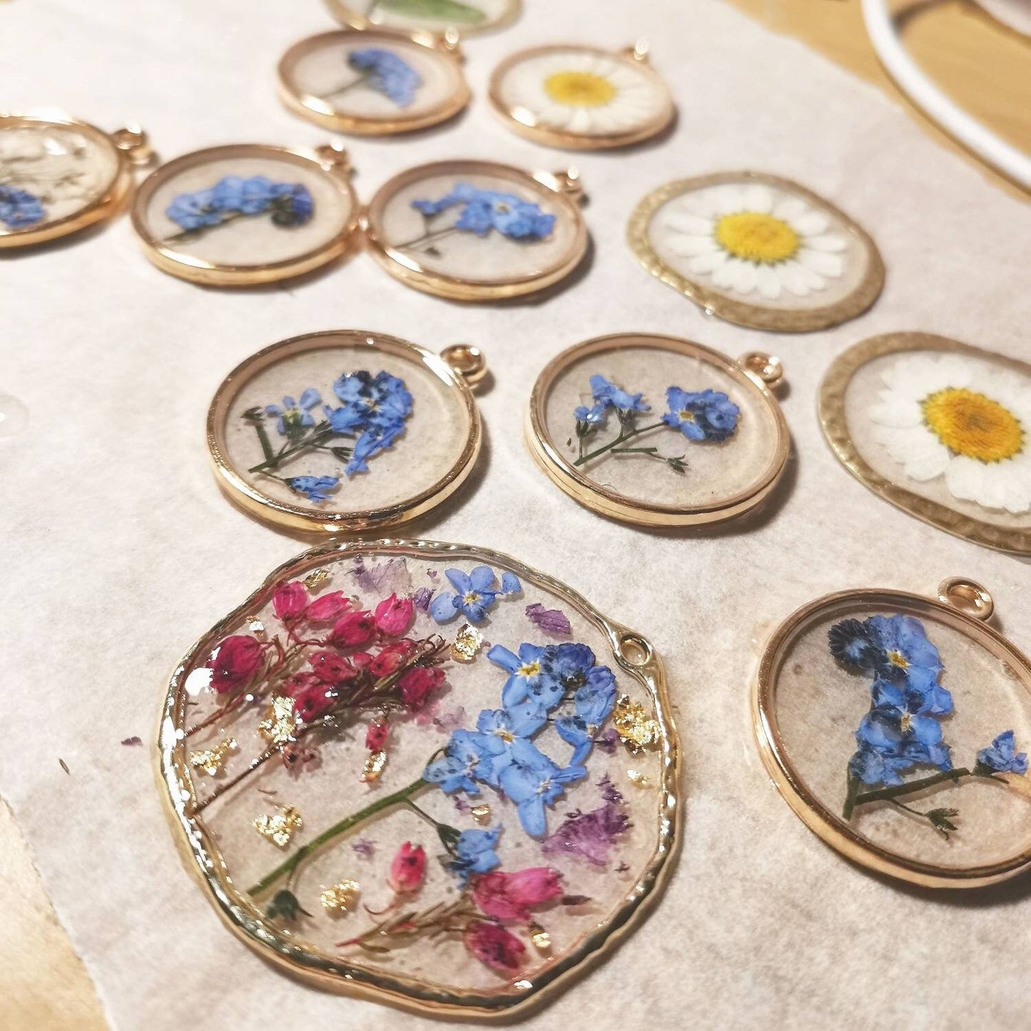 Yorkshire Heather and forget me not flower botanical  necklace on a 20in gold plated or 14k gold filled chain. Organic, large circle.