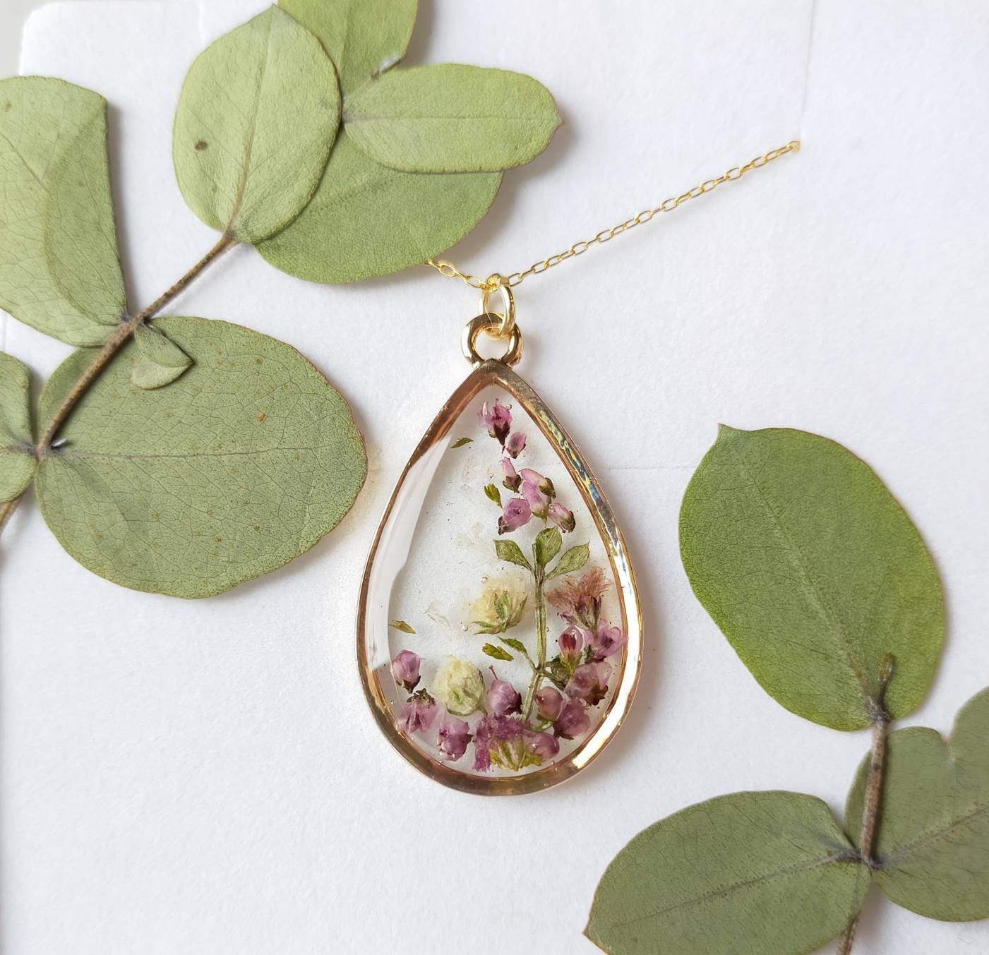 Personalised Yorkshire moors Heather & Gypsophila necklace on gold plated or 14k gold filled chain. Resin jewellery Christmas gift
