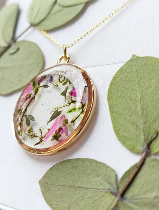 Personalised moss, pressed flower, Heather, resin necklace on gold plated or 14k gold filled chain. Christmas gift, wishes