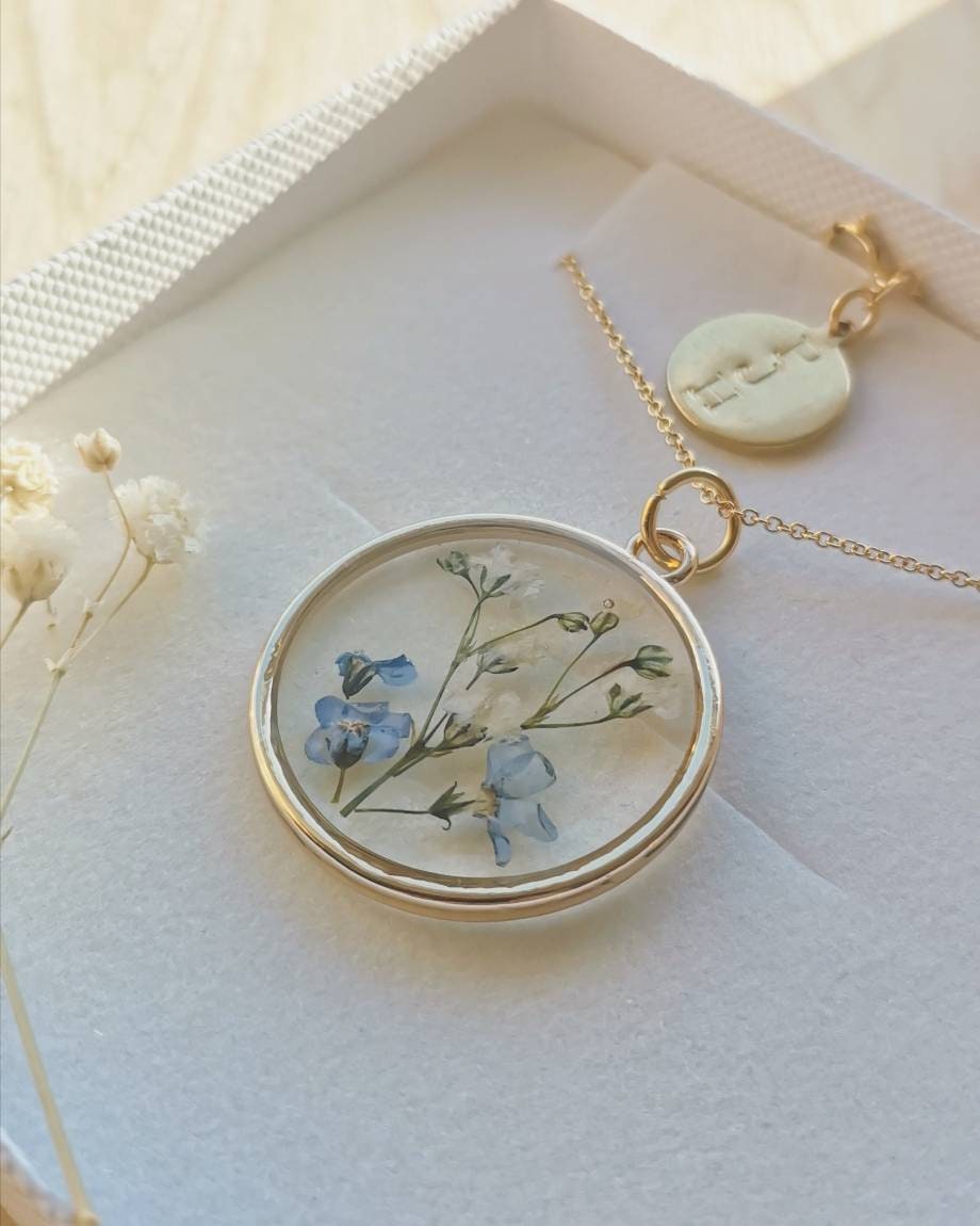 Personalised Christmas gift - Real flower necklace - Forget me nots and gypsophila on gold plated or 14k gold filled.