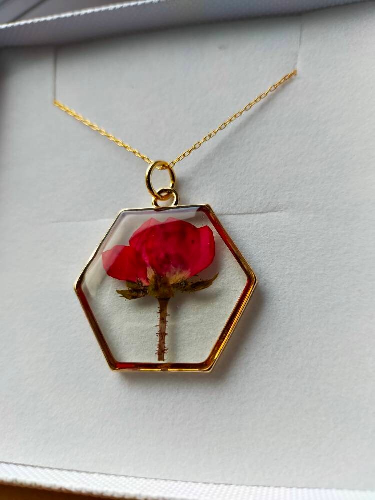 Valentines day necklace Personalised Real pressed rose terrarium flower pendant on 14k gold filled chain, June birth flowe.