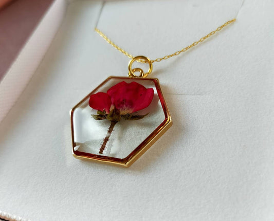 Valentines day necklace Personalised Real pressed rose terrarium flower pendant on 14k gold filled chain, June birth flowe.