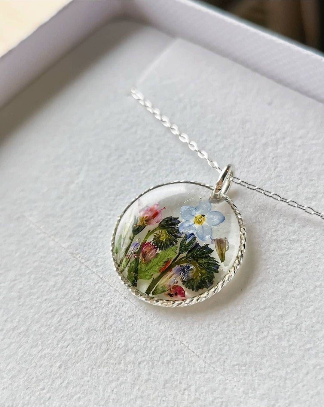 Real flowers preserved necklace, Valentine's, 22mm solid 925 silver circle on solid 925 silver chain, Magical garden, handmade in Yorkshire.