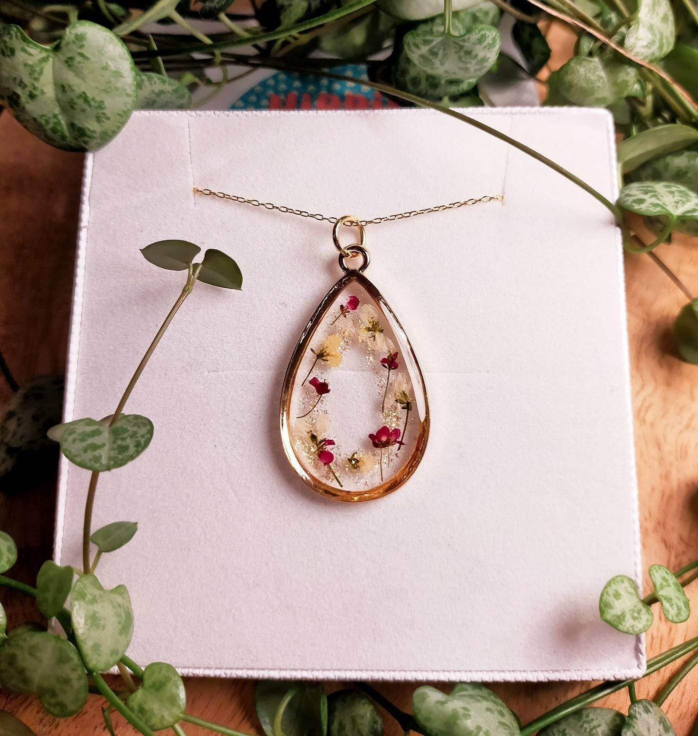 Valentines forever flowers  Real pressed Alyssum and gold plated pendant necklace on 14k gold fill chain, handmade, personalised