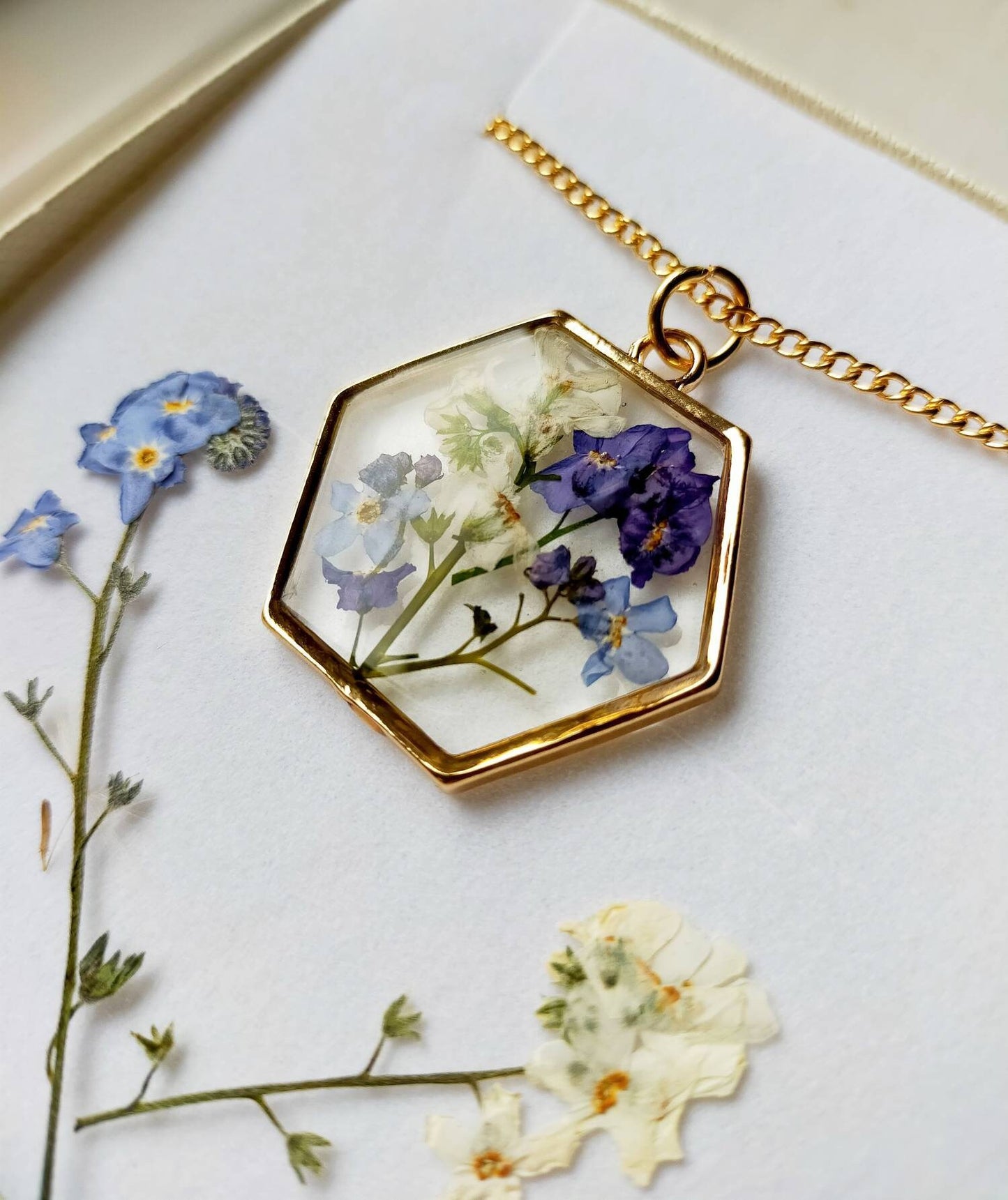 Real forget me not flower necklace, pressed flower Jewellery, hexagon gold plated pendant on 14k gold fill chain, handmade in Yorkshire.