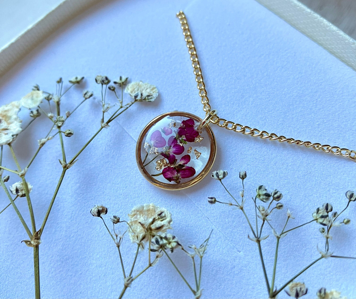 Purple alyssum flower and gold leaf flower minimalist circle 16mm gold plated pendant necklace on 14k gold fill chain, handmade