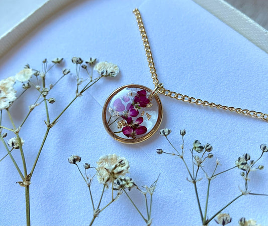 Purple alyssum flower and gold leaf flower minimalist circle 16mm gold plated pendant necklace on 14k gold fill chain, handmade