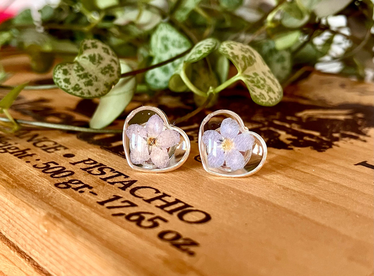 Forget me not solid silver love heart stud earrings. 13mm small studs real pressed flower studs.