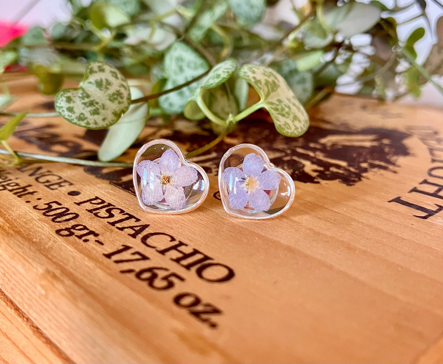 Forget me not solid silver love heart stud earrings. 13mm small studs real pressed flower studs.