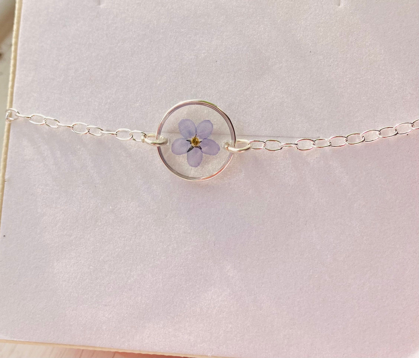 Forget me not real pressed flower solid silver 925 bracelet/ anklet-  solid silver chain, Christmas gift. - can be customised & personalised