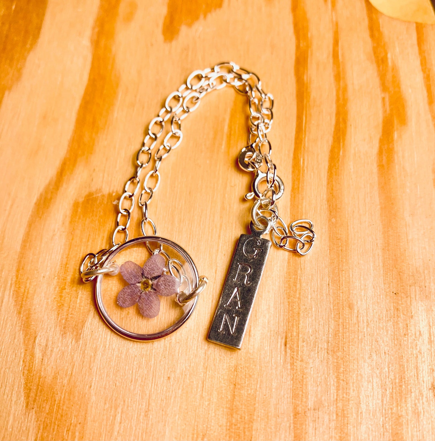 Forget me not real pressed flower solid silver 925 bracelet/ anklet-  solid silver chain, Christmas gift. - can be customised & personalised