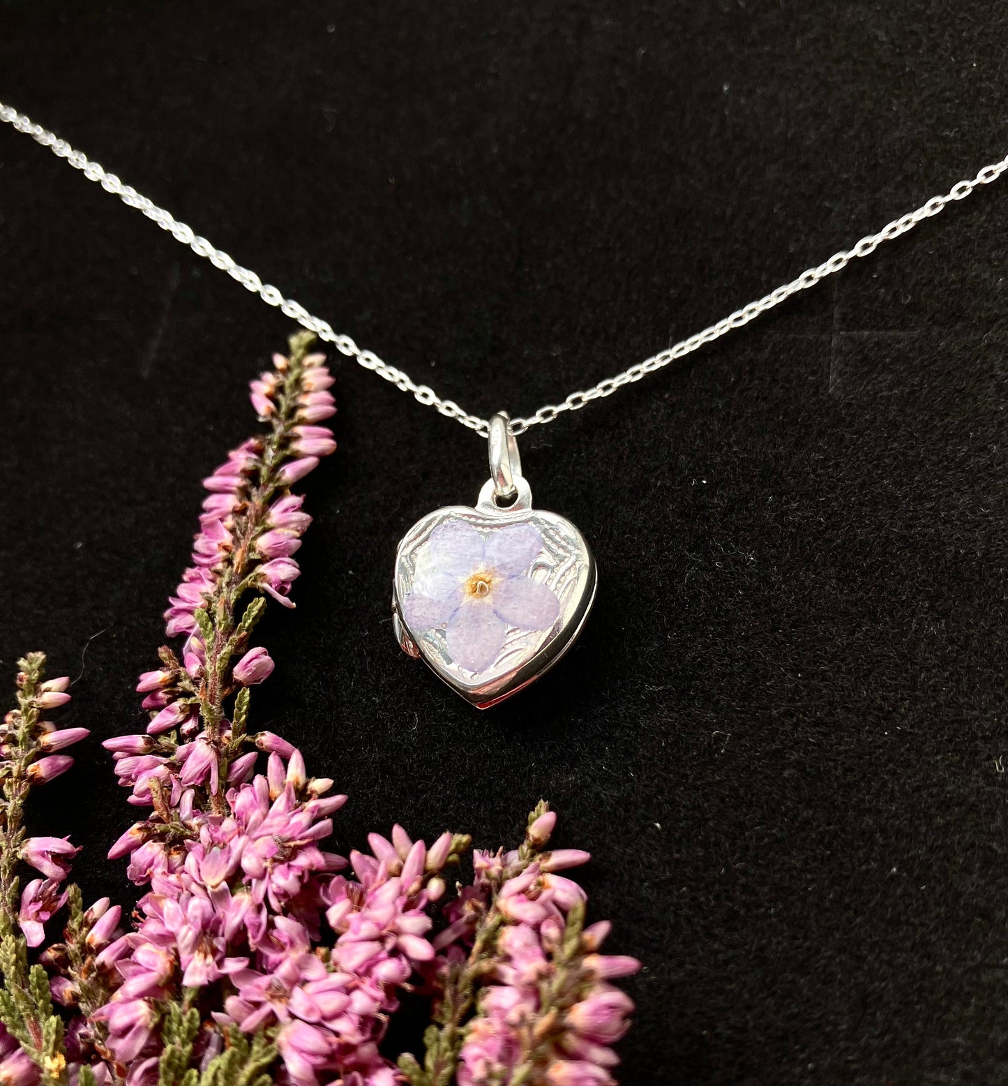 Real pressed flower  on solid silver locket pendant necklace on solid silver chain. For memories, photo locket - 13mm - forget me not flower