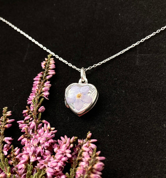 Real pressed flower  on solid silver locket pendant necklace on solid silver chain. For memories, photo locket - 13mm - forget me not flower