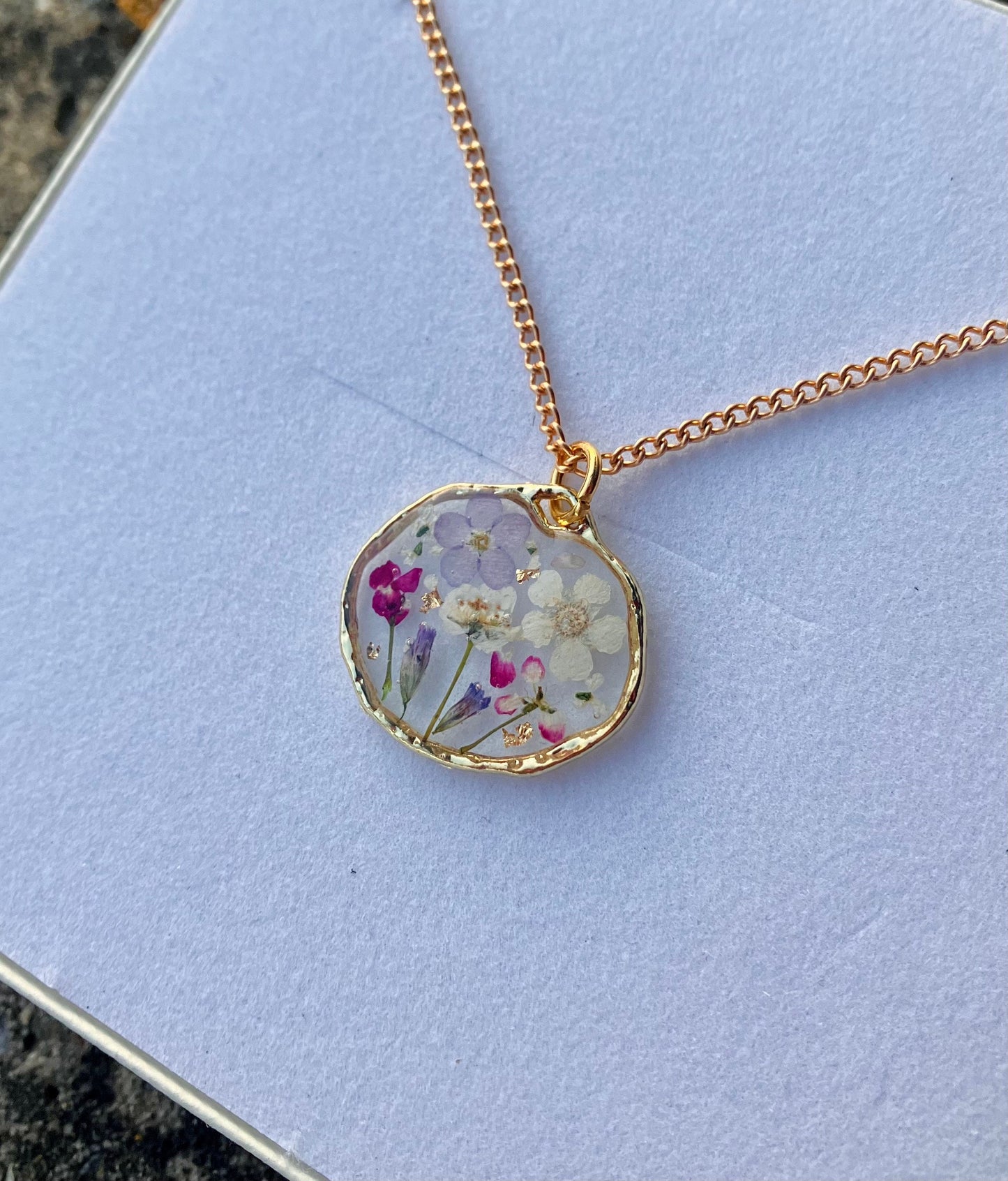 Pressed Tiny terrarium, garden real flower, dainty circle 17.5mm gold plated pendant necklace on 14k gold fill chain, personalised